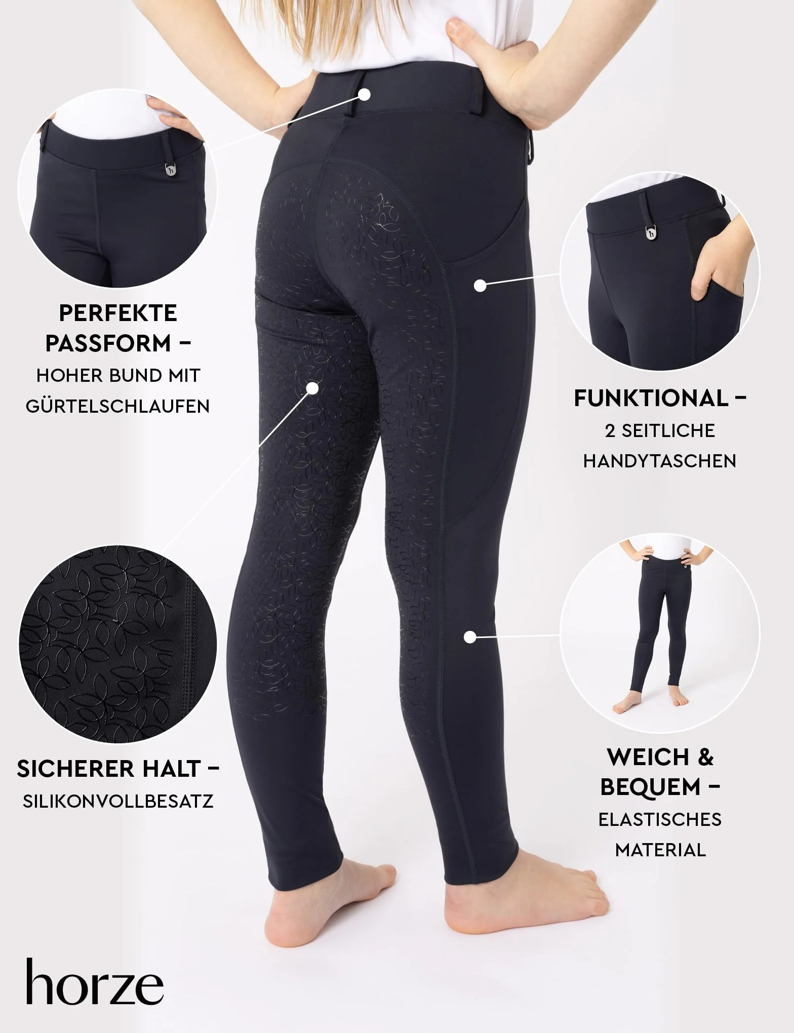 HORZE Kinder Reitleggings DEA, Reithose Mädchen, Gürtelschlaufen, Vollbesatz, Handytasche, Blau, 158/164