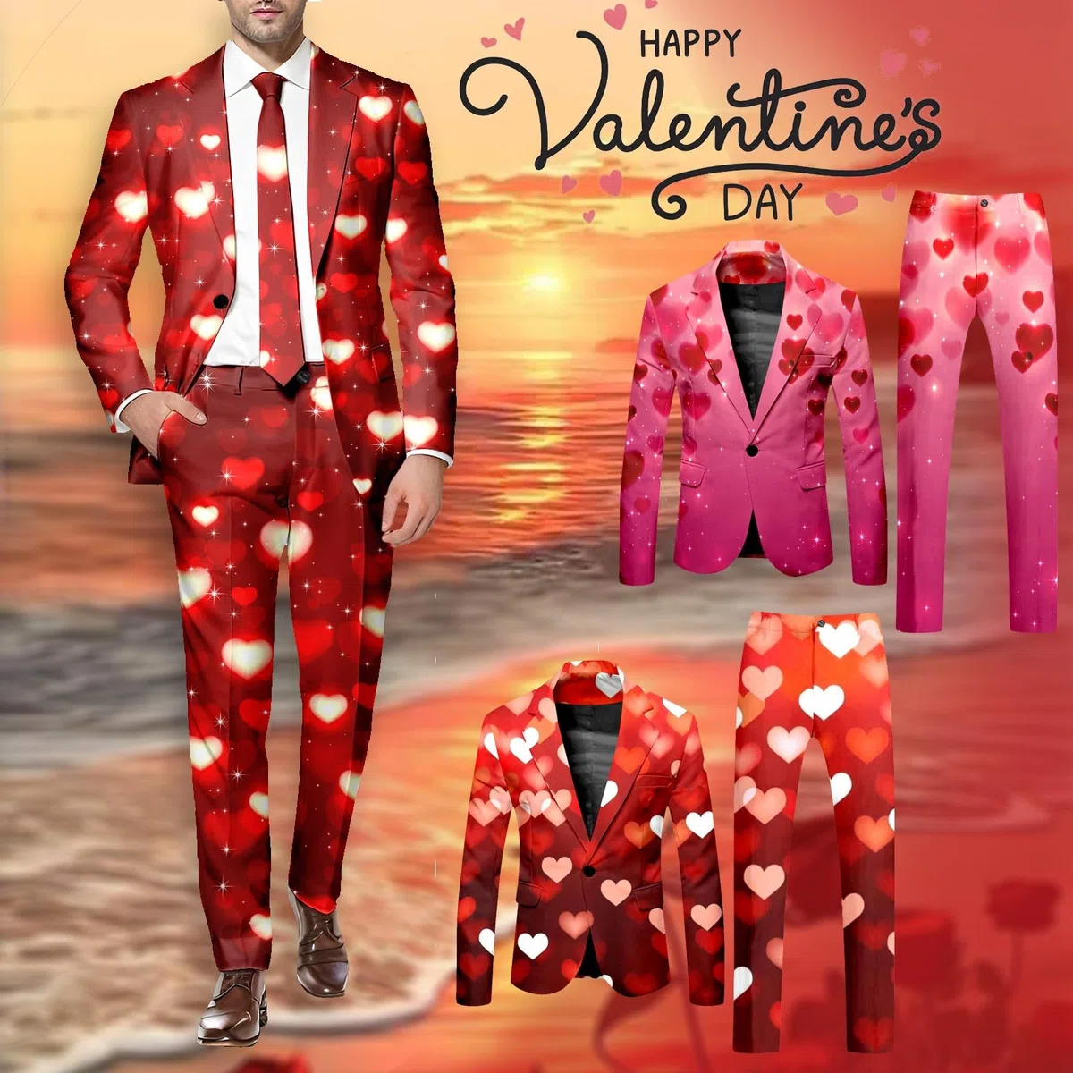Herren-Valentinstag Anzug, 2 Teilig Slim Fit Herrenanzug Herz-Print und Hose 2-teiliger Party Kostüm für Männer Herz/Love Druck Blazer Elegante Slim Fit für Valentinstag Party Outfits