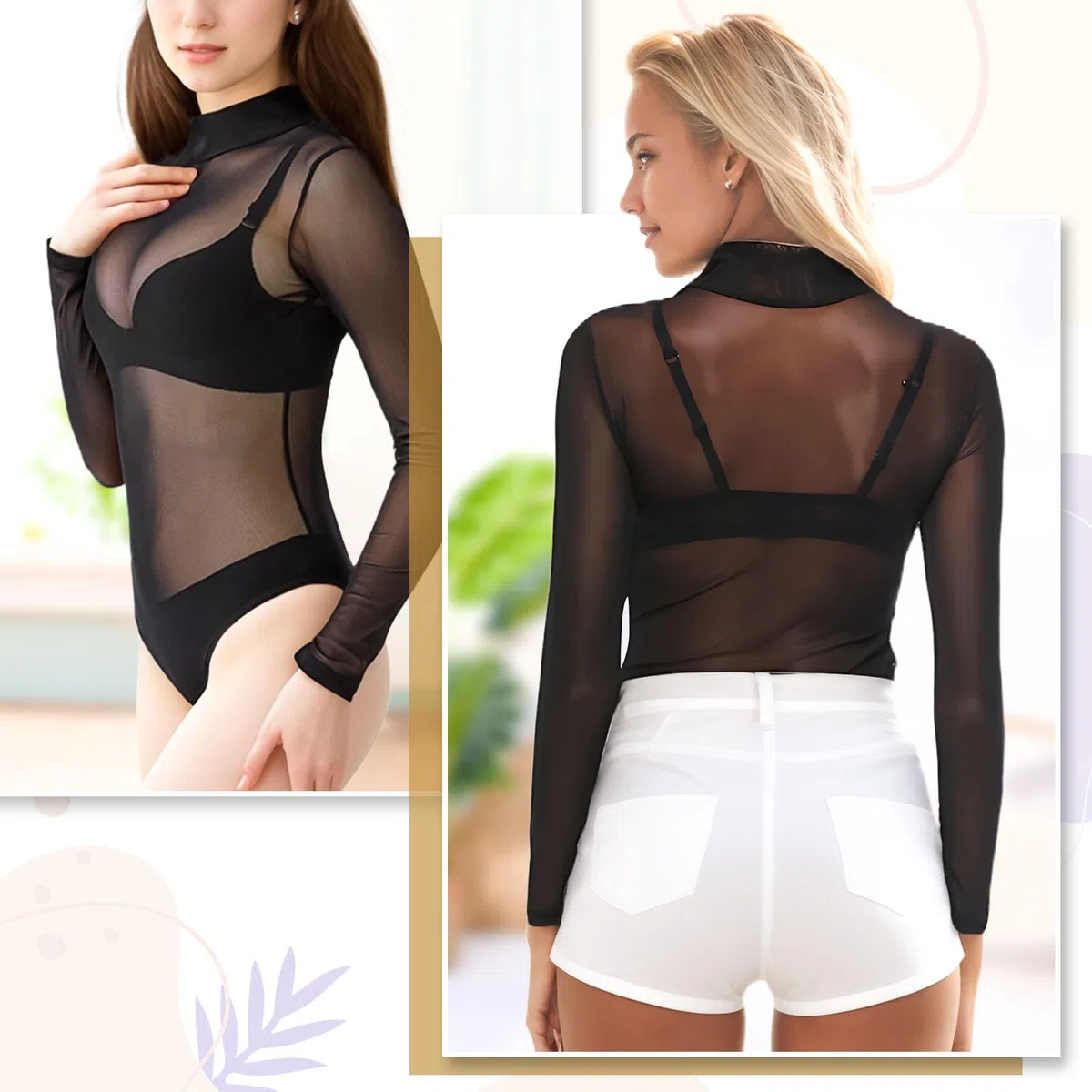 Damen Body - Sexy Sheer Mesh Langarm, Durchsichtiger Netzstoff-Bodysuit, Tops Unterziehbody Langarmbody für Frauen