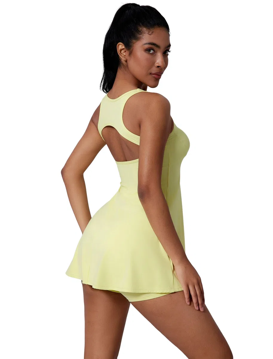 IDOPIP Tenniskleid Damen mit Hose und Tasche: Rückenfrei kurz Sommerkleid mit integriertem BH und Shorts - Schnelltrocknend Sportkleid für Tennis, Golf und Yoga