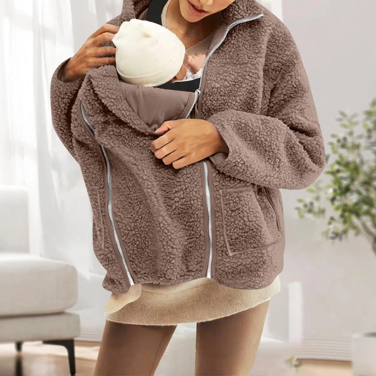 SYDUZAX Umstandsjacke mit Babyeinsatz Warm Teddy Fleecejacke Umstands Baumwolljacke Winter Umstandsmode 2 in 1 Tragejacke mit Taschen Teddyfleece Winterjacke Flauschig Weich Plüschjacke große Größe