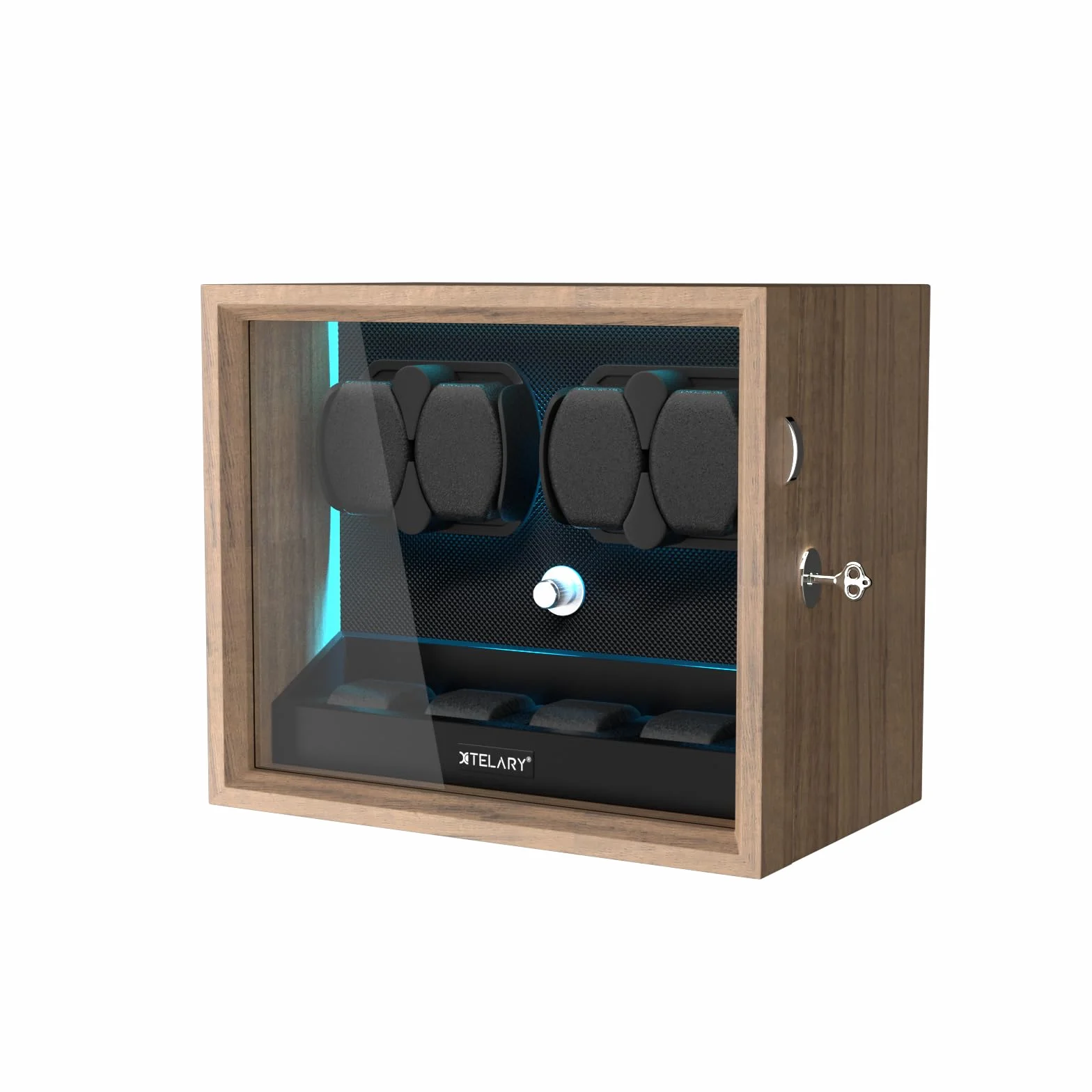 XTELARY Uhrenbeweger für 4 Automatikuhren, Abschließbarer Automatikbeweger mit 4 Rotationsmodi,Extra Uhrenfächern, Flexible Uhrenkissen, Leiser Mabuchi Motor und Blaue Hintergrundbeleuchtung