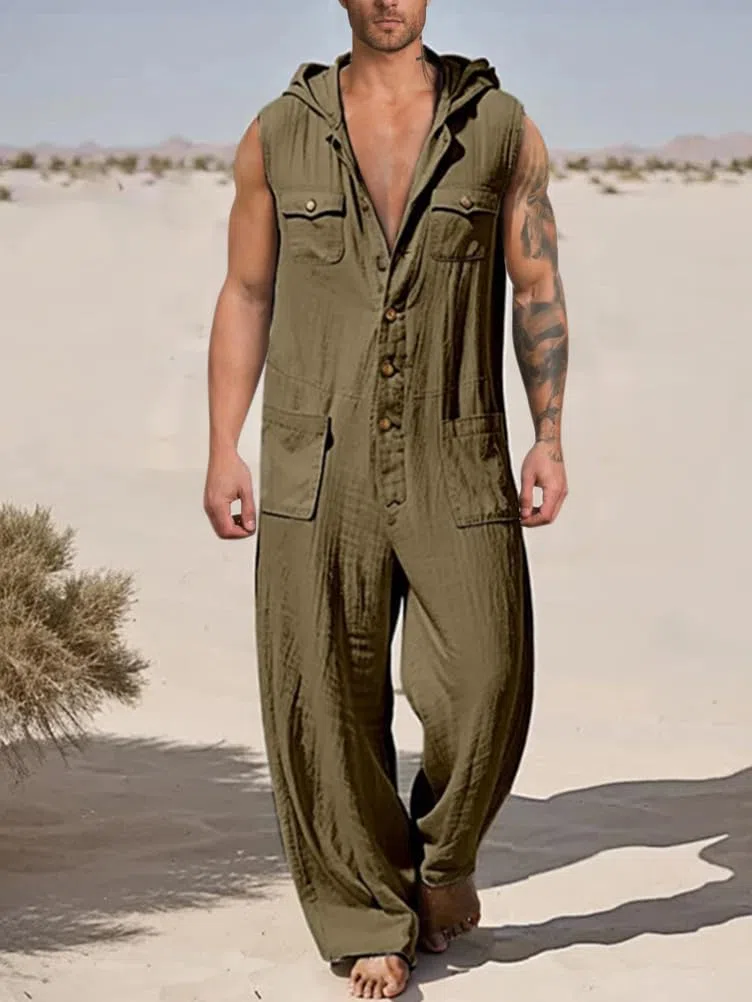 Herren Overalls Einteiliges Strampler mit Kapuze Sommer Jumpsuit Ärmellos Einfarbig Set Hose Lang mit Taschen Mode Casual Overall Hemd Baumwolle Leinen One-piece Schlafanzug