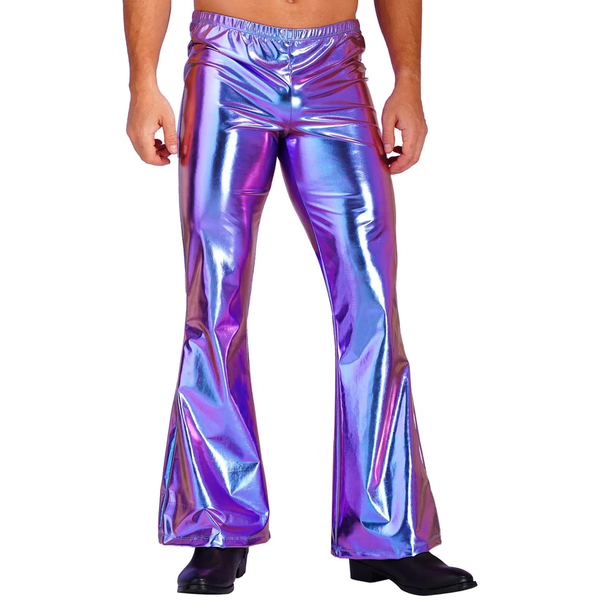 Herren Metallic Hose High Waist Glänzende Leggings Holographic Schlaghose Tanzhose Weites Bein Jazzpants 70er 80er Jahre Nachtcub Party Outfit Bunt XXL
