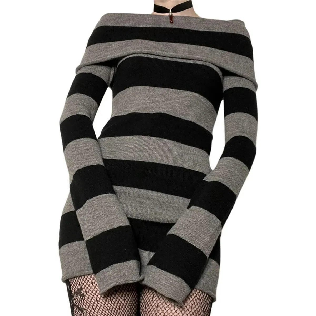 Goth Kleider Punk Gothic Witchy Dark Academia Damen Off Shoulder Strickkleid y2k Fairy Grunge Kleider Halloween Wear