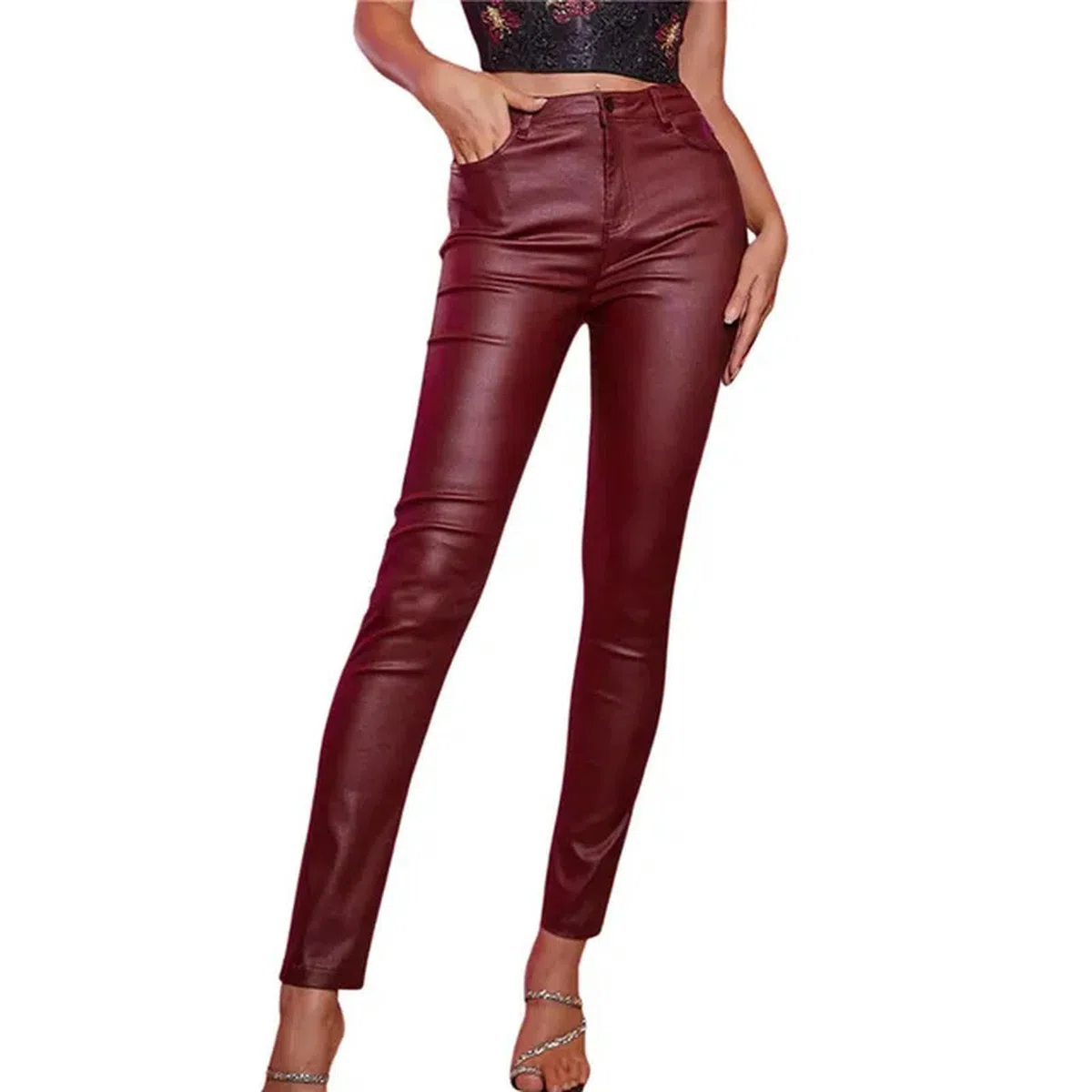 PU Leder Hosen Frauen Hohe Taille Beiläufige Dünne Faux Leder Hosen Mode Einfarbig Streetwear Bleistift Hosen