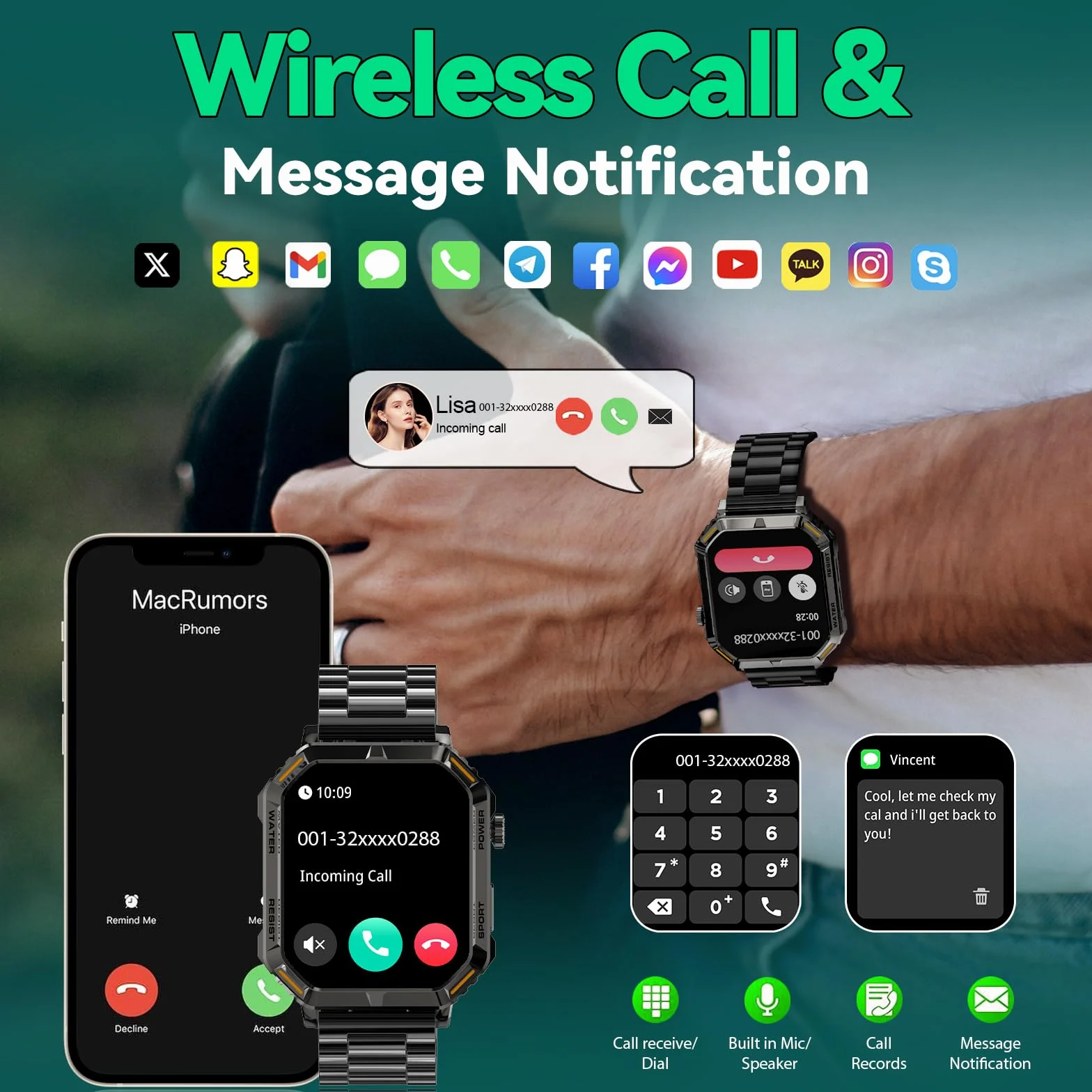 Smartwatch Herren mit Telefonfunktion, 1.95'' HD Display, Fitnessuhr Herren, 100+ Sportmodi, HF, SPO₂, Zählen Sie Schritte, Distanz, Mit Herzfrequenzfunktion, Gilt für Android/iOS, Schwarz