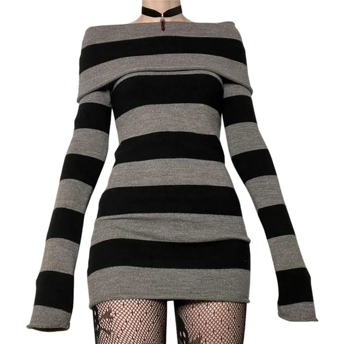 Goth Kleider Punk Gothic Witchy Dark Academia Damen Off Shoulder Strickkleid y2k Fairy Grunge Kleider Halloween Wear