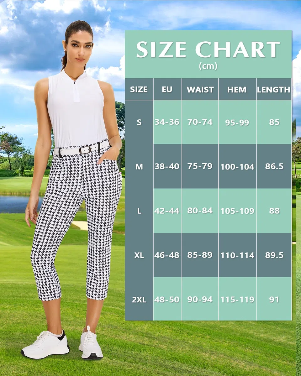Golfhose Damen 7/8 Golf Hose Stretch mit Rechte Reißverschlusstasche Gürtelschlaufen Soft Golf-Hosen Caprihosen Leichte Jogginghose