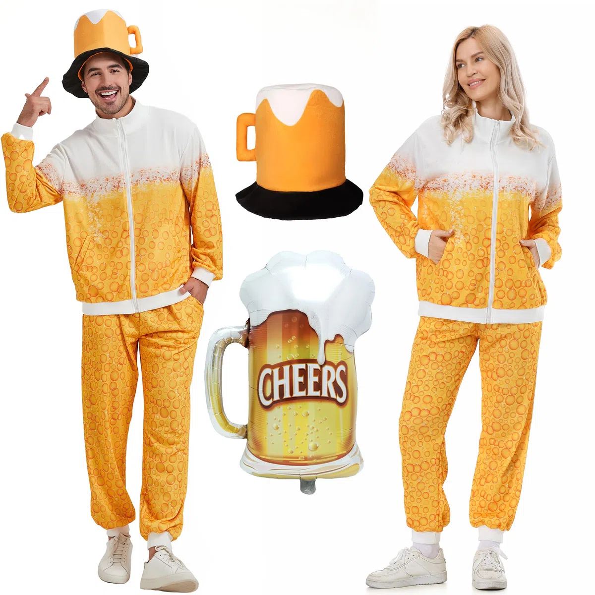 Bier Trainingsanzug Kostüm für Männer Frauen Retro 80er Jahre Outfit Bier Jogginganzug Karnevalskostüm