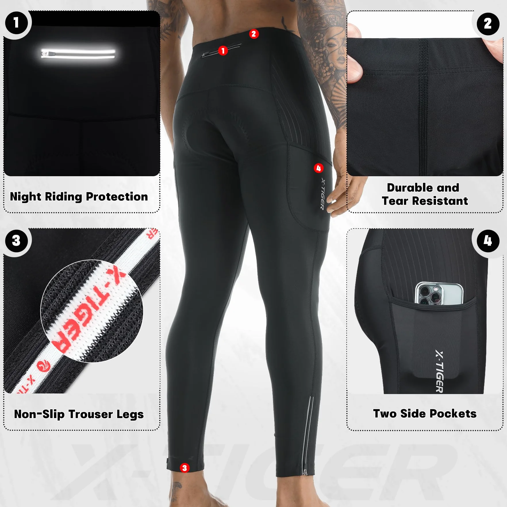 X-TIGER Fahrradhose Herren Lang mit 5D Sitzpolster,Radlerhose Herren Lang Atmungsaktive Schnelltrocknende Radhose mit 3 Taschen