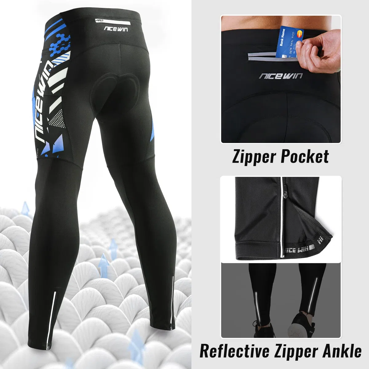 NICEWIN Radlerhose Fahrradhose Herren Lang mit Sitzpolster 4D Gepolsterte Winter Thermo Radhose Atmungsaktiv stoßfeste Tights Elastisch Hosen