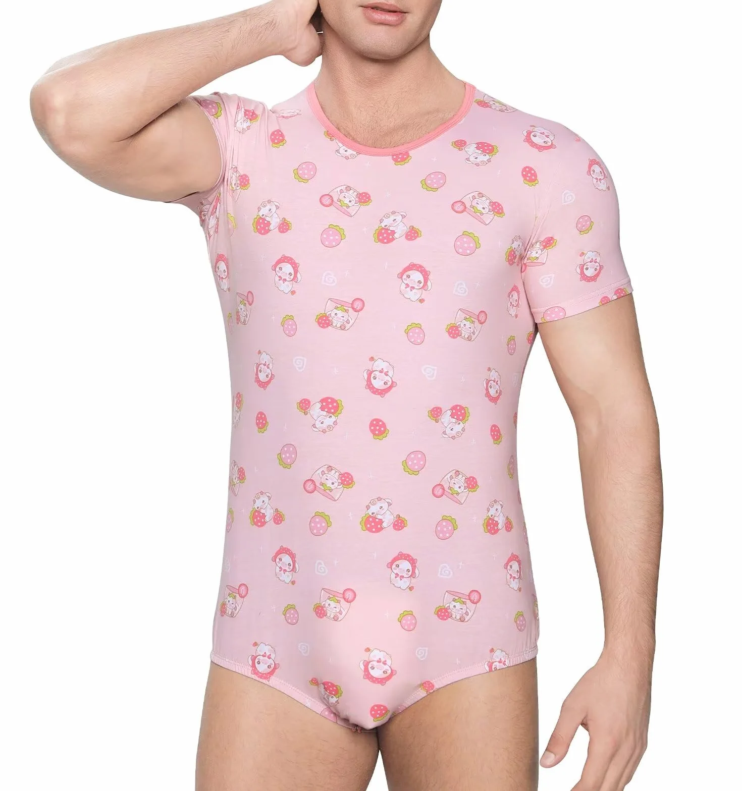 Landofgenie Kurzärmeliger Herren-Bodysuit Einteiliges T-Shirt Bedruckter Pyjama Leotard Atmungsaktive Baumwolle Onesie Erdbeer Kuh