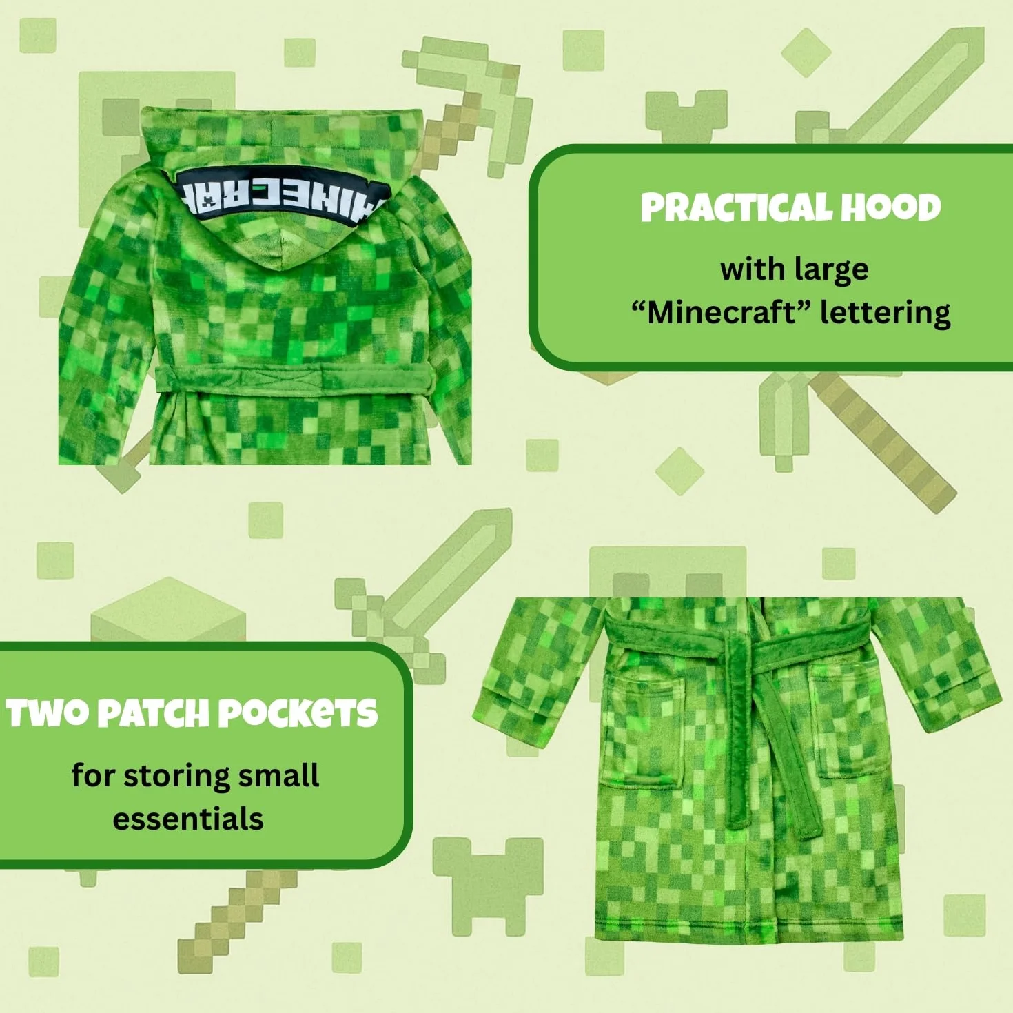 Minecraft Bademantel Kinder Jungen Fleece Morgenmantel mit Kapuze Creeper Design