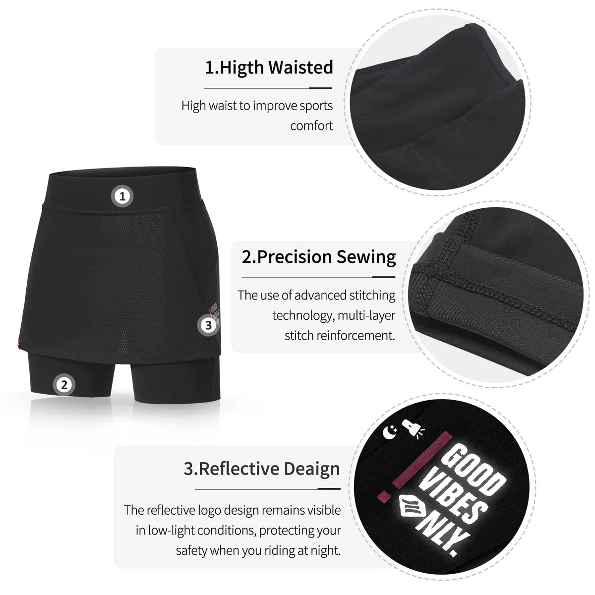 Santic Fahrradröcke Skorts 2 in 1 Kurze Damen Fahrradhose mit Gepolsterte hoher Bund Hosenrock Rock Shorts Sitzpolster Radlerrock