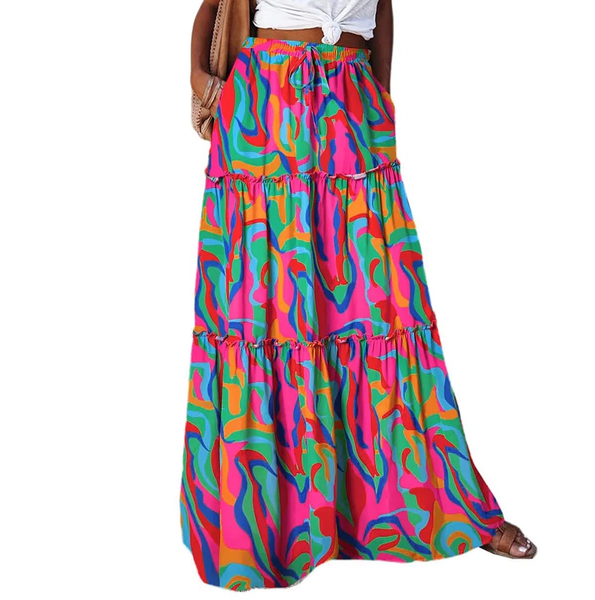 Timuspo Maxirock Damen Lang Elegant Boho Rock Casual Midirock A-Linie Einfarbig Sommerrock Röcke mit Taschen Elastische Hohe Taille Strandrock Freizeitrock