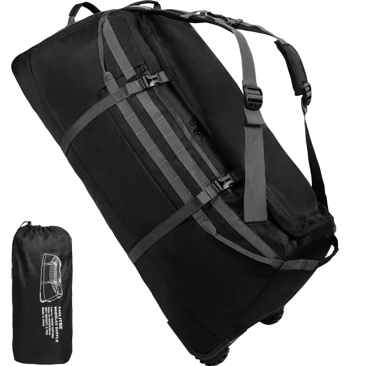 REDCAMP 140L Extra Große Reisetasche mit Rollen, Faltbare XXL Rucksack Sporttasche, Wochenend Handgepäck für Camping, 92x40x38cm, Schwarz