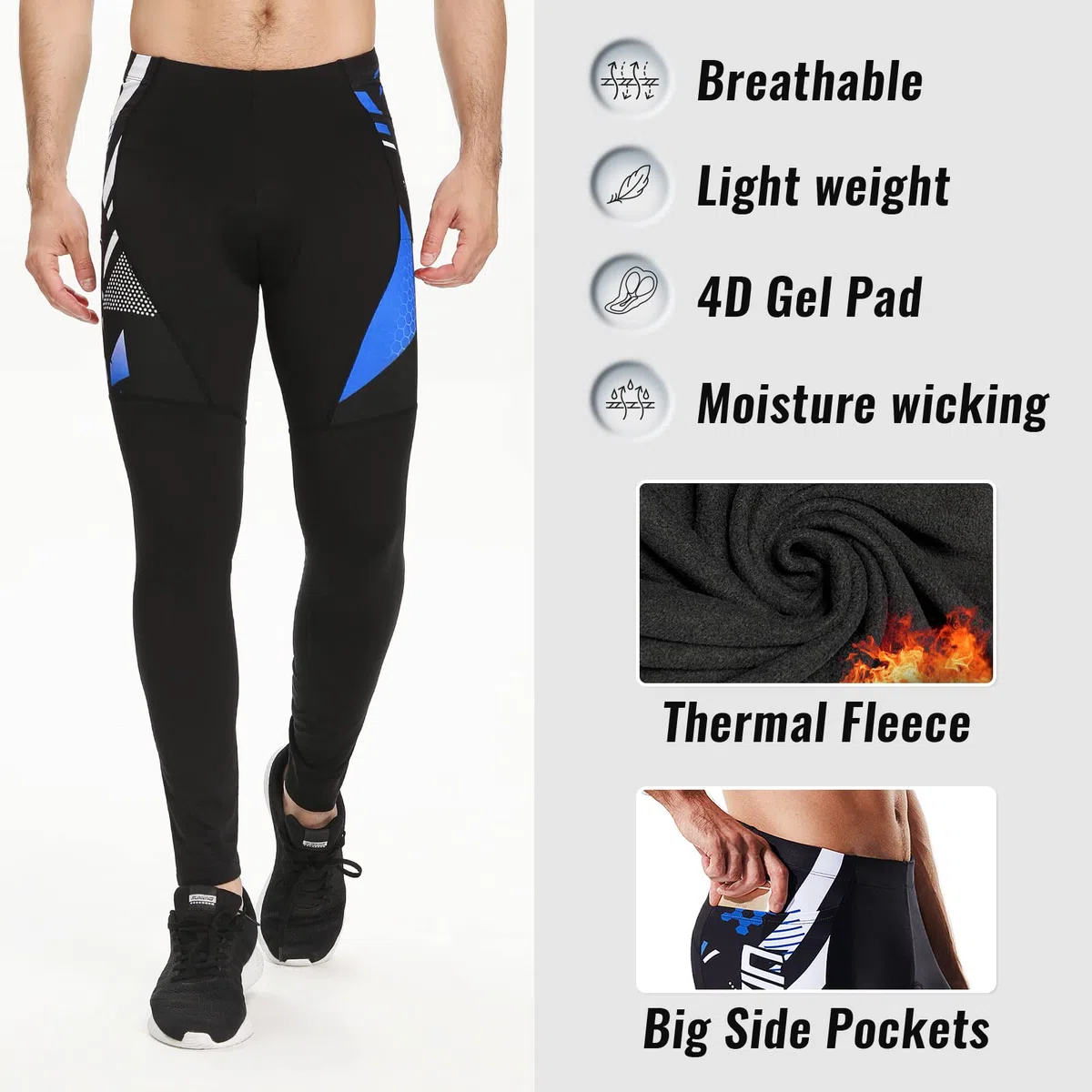 NICEWIN Radlerhose Fahrradhose Herren Lang mit Sitzpolster 4D Gepolsterte Winter Thermo Radhose Atmungsaktiv stoßfeste Tights Elastisch Hosen