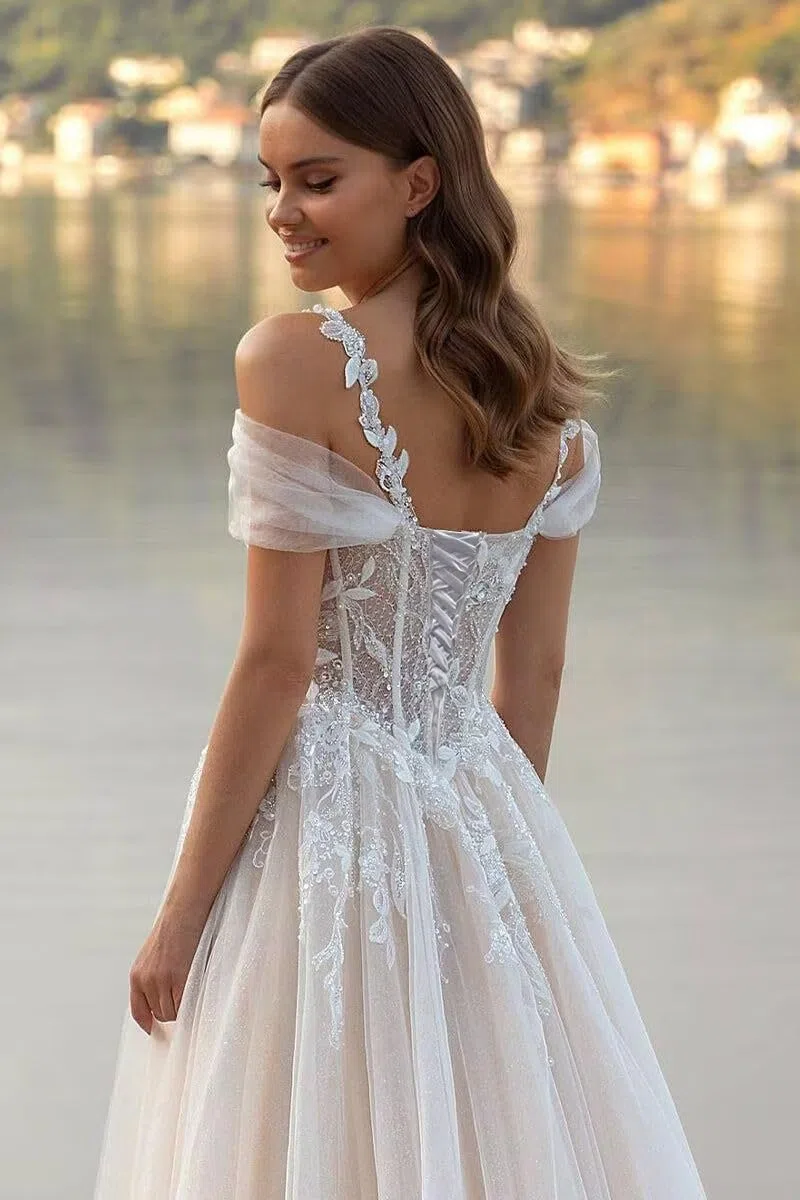 Damen Tüll Brautkleider Lang Elegant Hochzeitskleider A Linie Prinzessin Glitzer Mit Spitze V-Ausschnitt Trauung Kleid Ärmellos