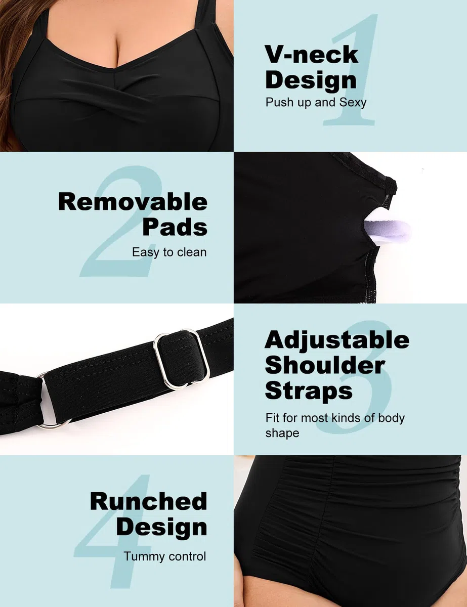 Nadeer Badeanzug Damen Bauchweg Große Größe Einteilige Bademode Sexy Push Up Swimsuits V Ausschnitt Rückenfrei Badebekleidung Schwimmanzug
