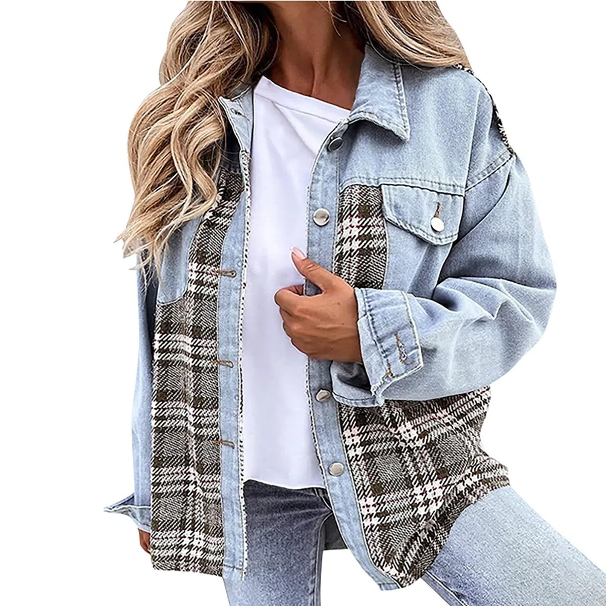 Ansenesna Jeansjacke Damen Winter Karierte Winterjacke Damen Jeans Hemdjacke Frauen Kariert Damen-Jacken Denim Mit Knöpfen Jacke Mantel Langarm Damenmantel