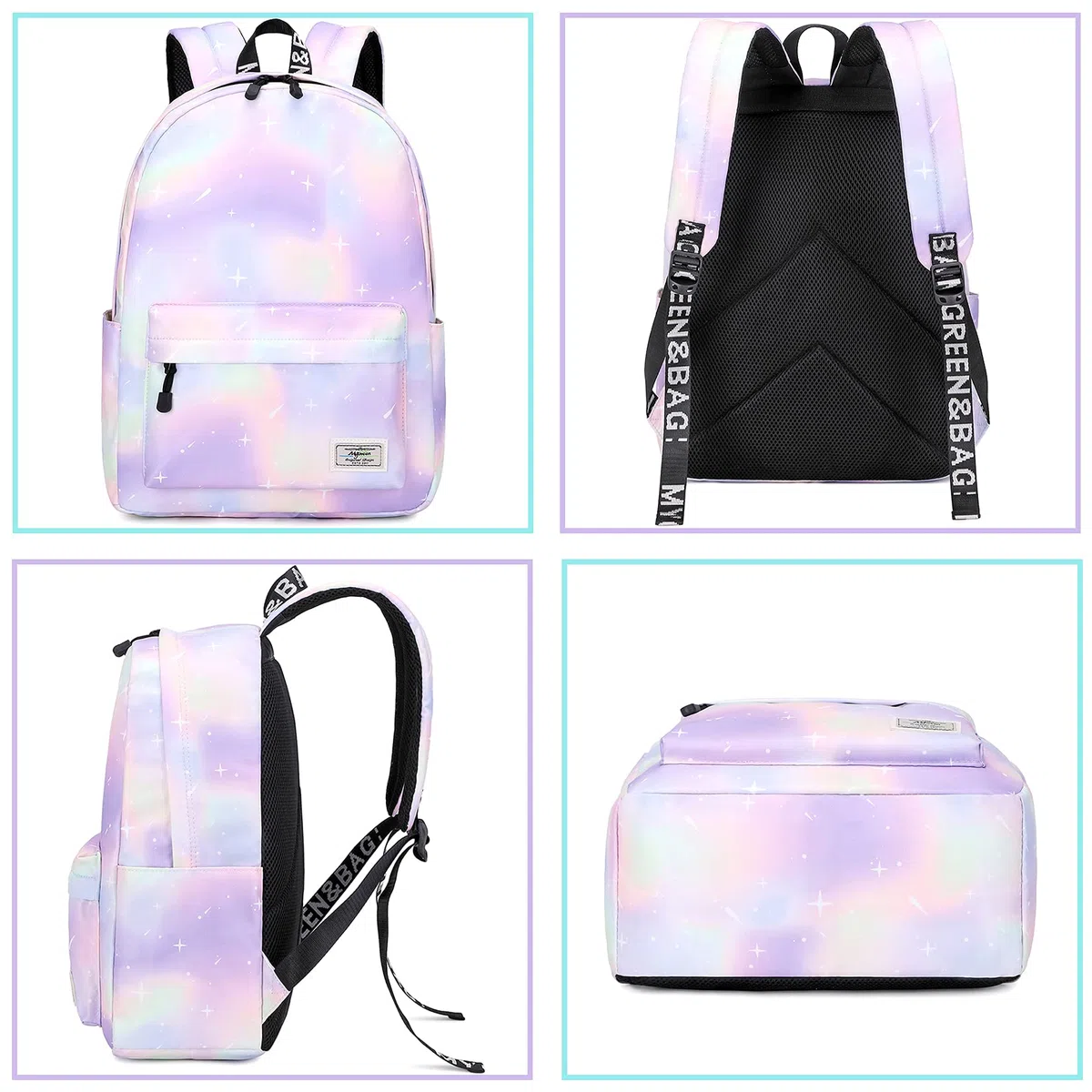 Lohol Leichter Schulrucksack für Mädchen, Kinder-Schulranzen-Rucksack mit Galaxie Aufdruck (Grün&Lila)
