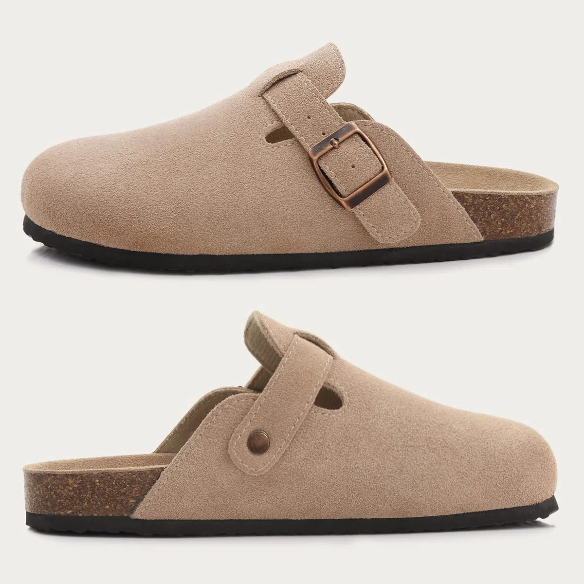 shevalues Wildleder Damen Clogs aus Leder rutschfest Unisex Pantoletten mit Premium Kork Fußbett für Frauen