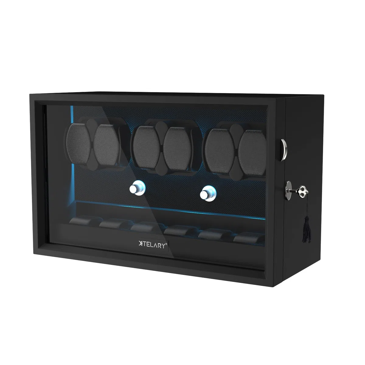 XTELARY Uhrenbeweger für 4/6/8/12 Automatikuhren, Abschließbarer Automatikbeweger mit 4 Rotationsmodi,Extra Uhrenfächern, Flexible Uhrenkissen, Leiser Mabuchi Motor und Blaue Hintergrundbeleuchtung
