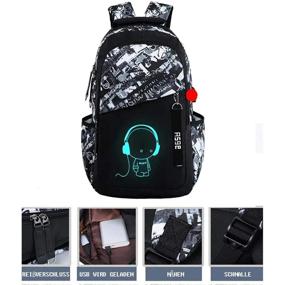 Asge 128-1 Oxford-gewebe Schulrucksack für Jungen Schulrucksack Druck Rucksack Jugendlichen Schultasche Outdoor Reflektierender Daypack, Grau, M