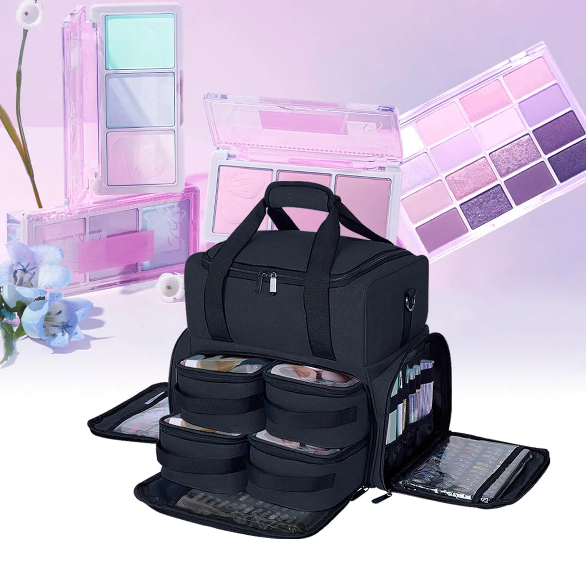 Große Kosmetiktasche mit Abnehmbaren Make-up-Tasche Schwarz | mit 4 abnehmbaren Doppelschicht Reiseveranstalter Make-up-Tasche mit Innenteilern und Bürsten Aufbewahrungsbereich