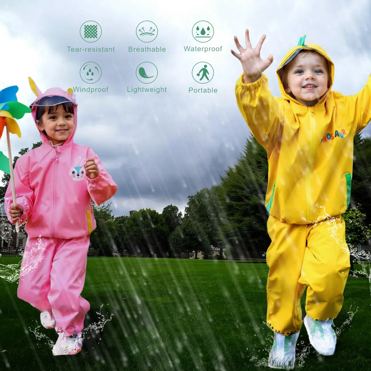 Regenanzug Mädchen Jungen Wasserdicht Zweiteiliger Regenmantel Kapuze Regenjacke Regenhose Matschanzug Atmungsaktiv Leicht Tier Muster Regenset Regenkleidung für Unisex Kind Alter 2-7 Jahre