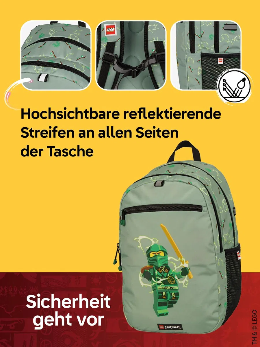 LEGO® NINJAGO® Wanderrucksack Kinder Spinjitzu Master – Kinderrucksack Jungen für Schule & Freizeit, 18 L Sportrucksack Kinder mit 2 Fächern, verstellbaren Gurten & Reflektoren