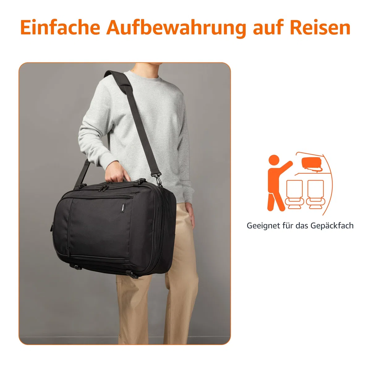 Amazon Basics 44L Reiserucksack, Handgepäck-Kabinentasche (54.6x35x24.1cm), Gepolsterte Träger, 44cm Laptop-Fach, Organisierte Taschen - Schwarz
