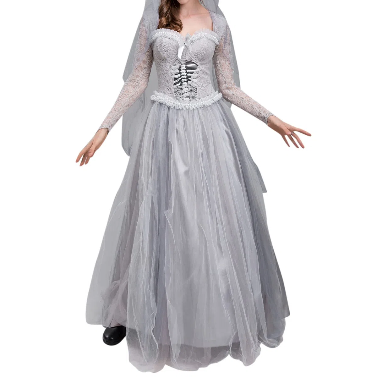 Generisch Halloween Kostüm Damen Vintage Schön Frauen Langarm Lace O Neck 2pices Set Cosplay Retro Kleid Great Maxi Vintage für Cosplay Kleid mit Schal Bekleidung für Cosplay Bühne Performance Party