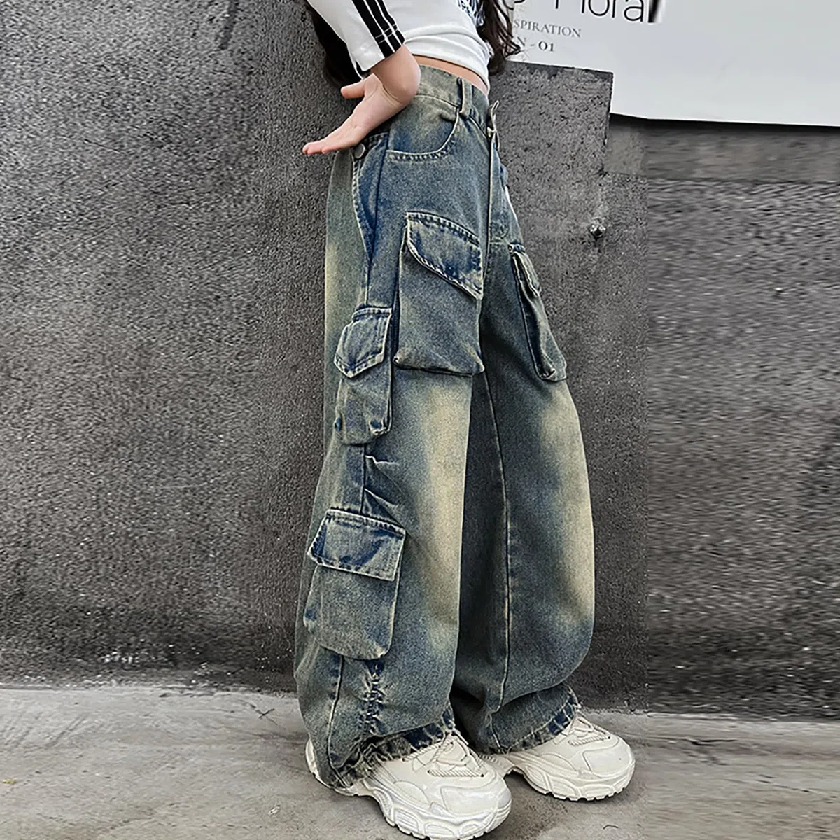 Rolanko Baggy Cargo Jeans für Mädchen, Elastische Hose mit Hoher Taille und Weitem Bein Y2K Jeanshose mit Mehreren Taschen