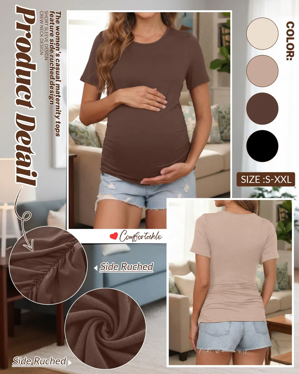 Geyoga 4er-Pack Damen-Schwangerschaftsshirts, Kurzarm, Rundhalsausschnitt, Schwangerschaftsoberteil mit Seitlichen Raffungen