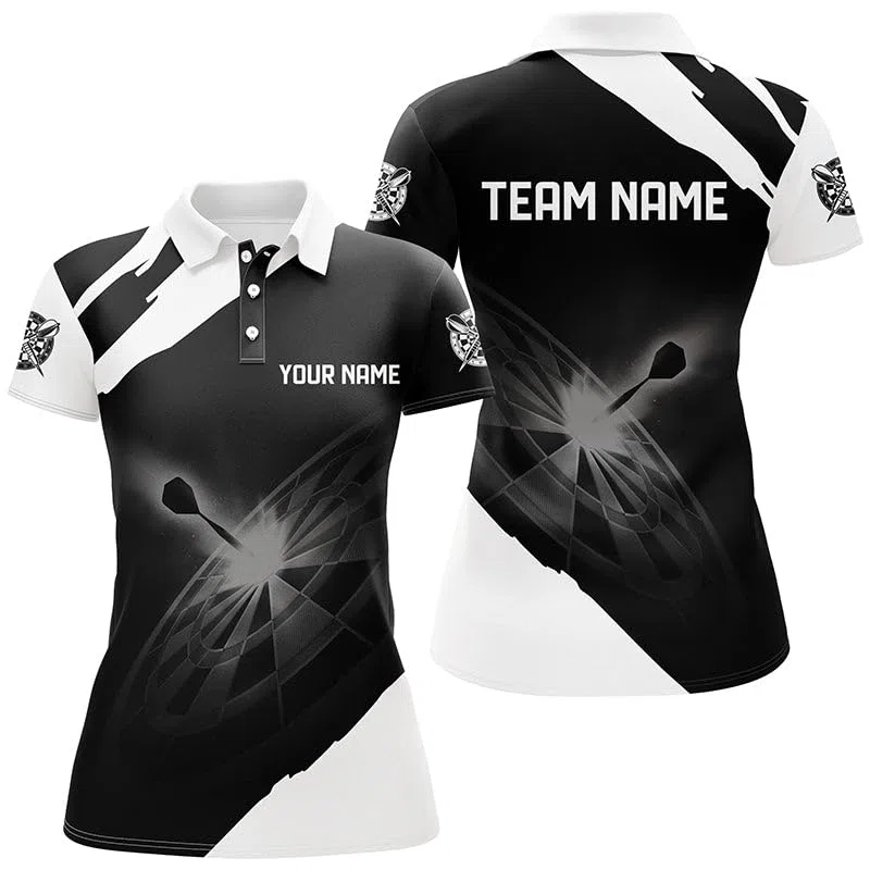 Schwarz-Weiß Personalisierte Damen Darts Polo Shirt - Individuelle Dart Trikots für Männer & Frauen - Dart Jerseys L1395
