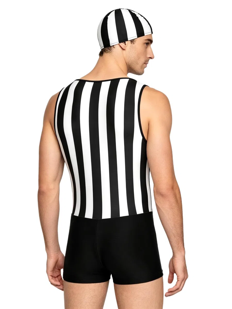 FEESHOW Herren Badeanzug Einteiler Schwimmanzug Retro Streifen Body Badekappe Set Shorty Overall Sport Surfen Schwimmkleidung