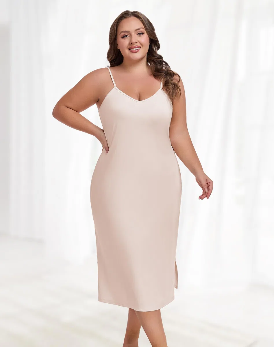 Unterkleid für Damen, Übergröße, verstellbarer Spaghettiträger, V-Ausschnitt, langer Slip, Cami-Nachthemd