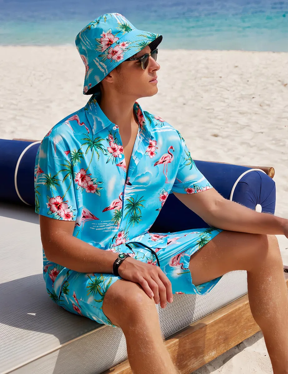 Hawaii-Hemd und Shorts für Herren 2-teilig, Lässig Button-Down-Shirts Sommer Strand Outfits mit Hüten