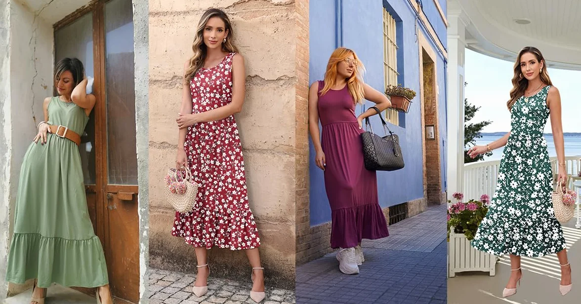 AUSELILY Sommerkleid Damen Lang Ärmelloses Maxikleid Damen Sommer Strandkleid Lange Rundhals Tank Top Kleider Leicht und Luftig mit Taschen Elastischer Taille