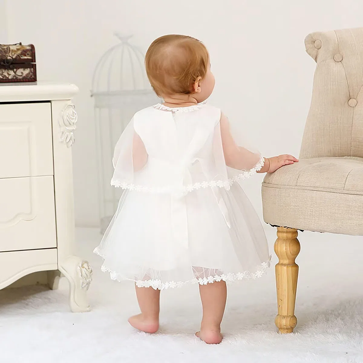 Baby Mädchen Weiß Taufkleid mit Haube Neugeborenen Taufe Kleid Spitzenkleid für Hochzeit Geburtstag