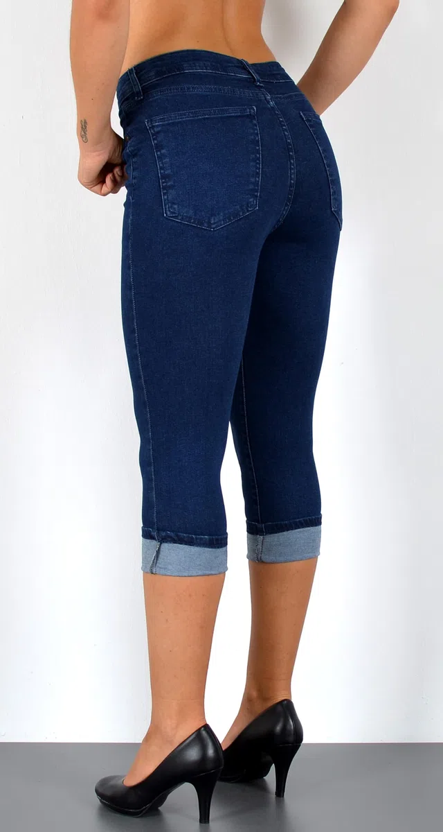 ESRA Damen Capri Hose Damen High Waist Caprihose Kurze Jeans Hose hoher Bund bis Übergröße C21