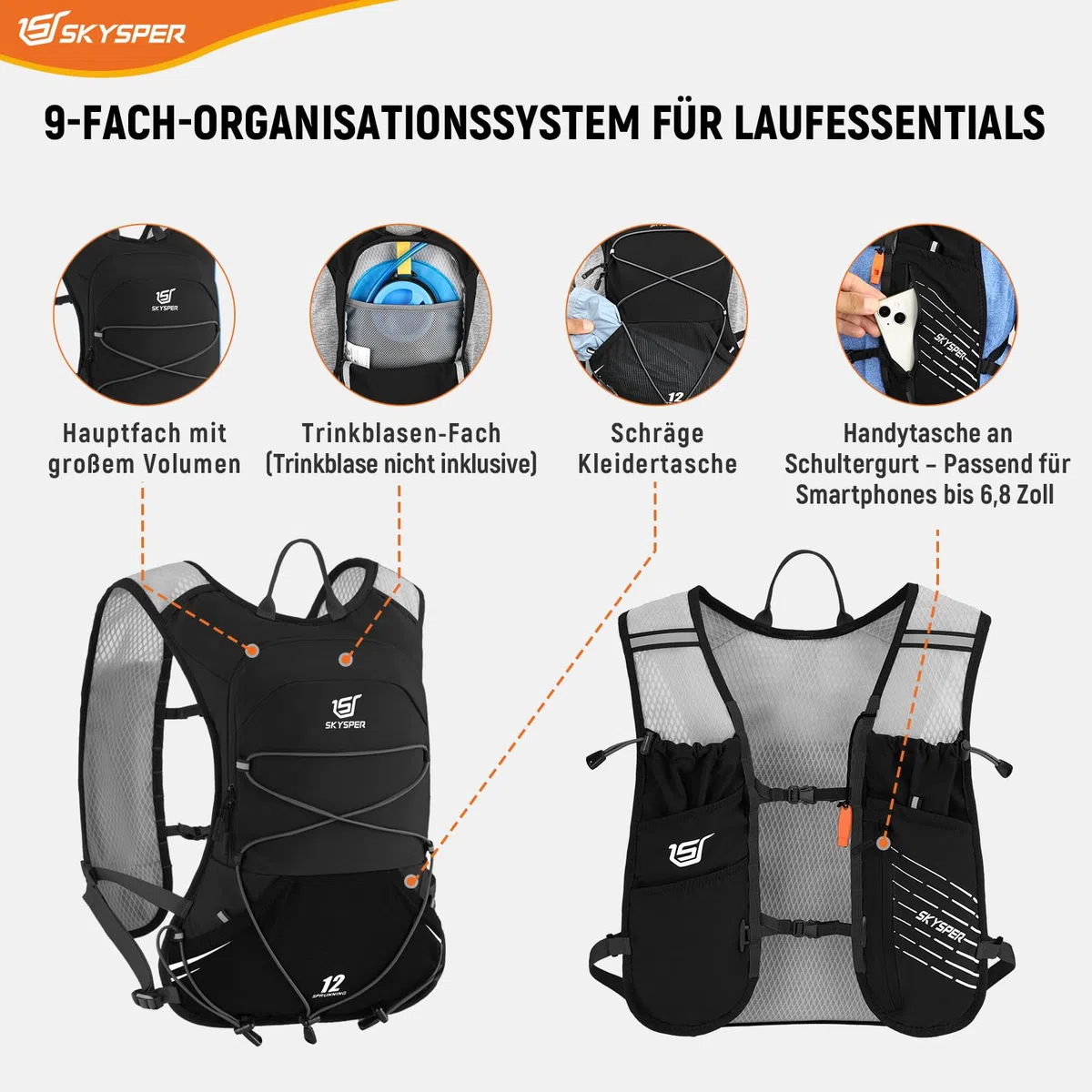 SKYSPER Laufweste für Damen Herren, 12L Laufrucksack Trinkweste Laufen mit 2 Trinkflaschen 500ml Running Vest für Joggen Marathon Trailrunning