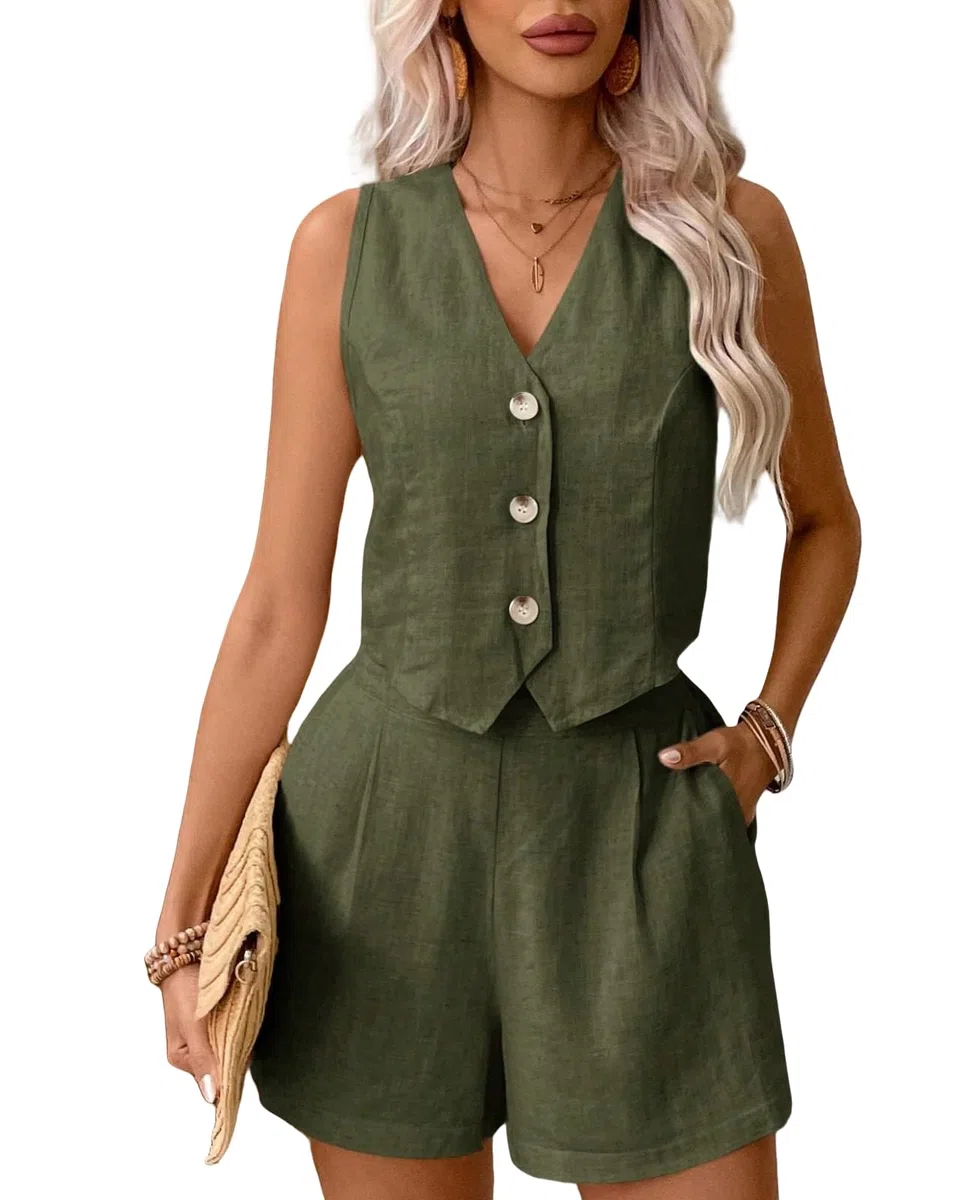 2-teiliges Leinen-Set für Damen, ärmellos, V-Ausschnitt, Weste, Knopfweste und Taschen, hohe Taille, Arbeitsanzug, kurze Sets