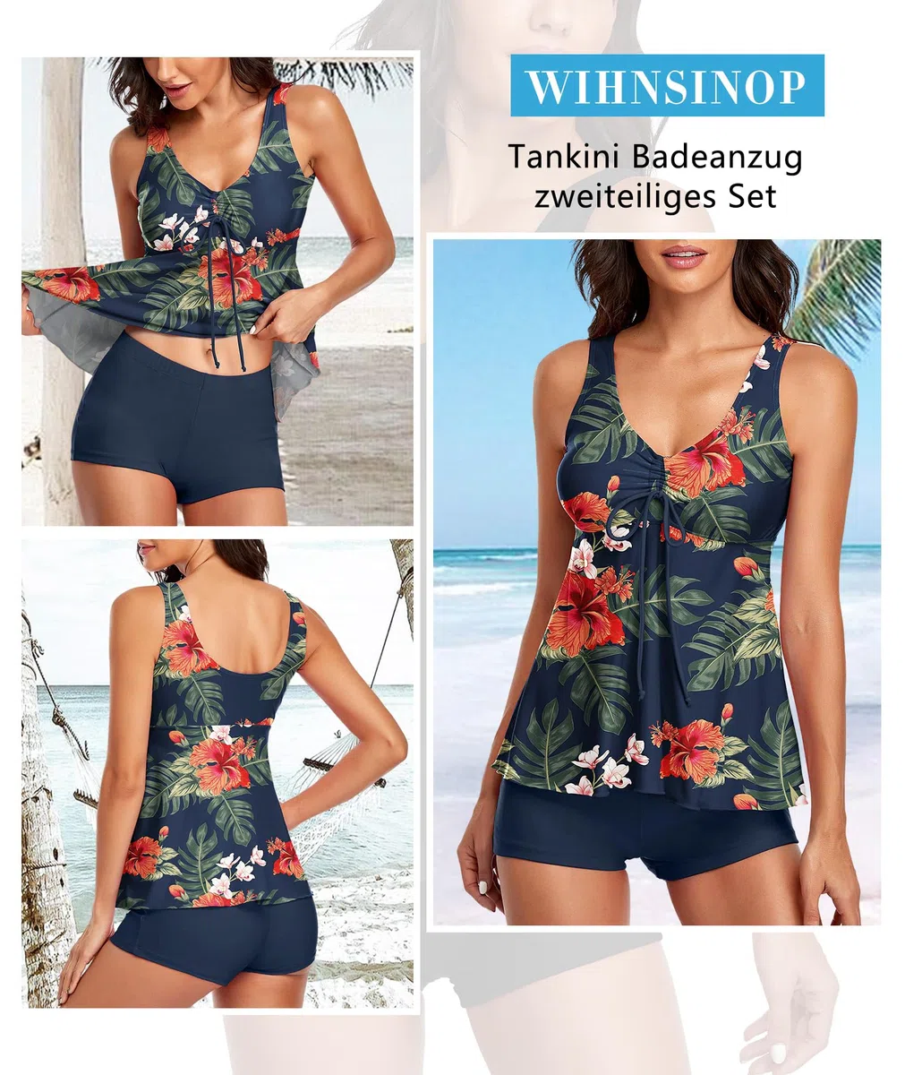 wihnsinop Tankini Damen Bauchweg Badeanzug Push Up Oberteil mit Badeshorts Bademode Set Zweiteiler Sommer Drucken Badeanzüge für Damen Strand Ferien Freizeit
