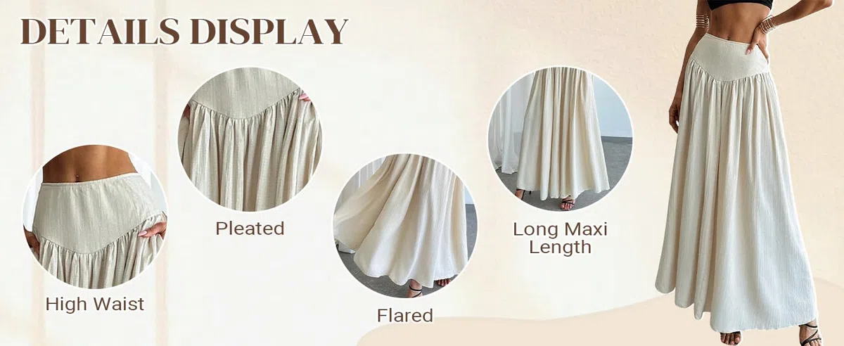 Women's Long Pleated Flowy Maxi Skirt High Waist with Pockets Casual Boho Fashion Style Skirt
