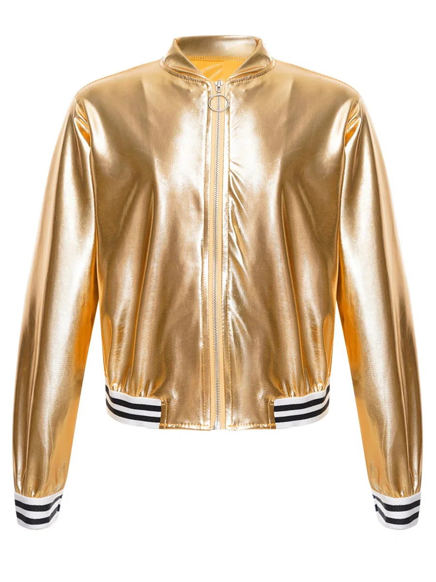 Aislor Jacke Kinder Mädchen Glänzende Bolerojacke Langarm Jacket Glitzer Top mit Reißverschluss Bikerjacke Hip Hop Disco Blazer Karneval Kostüm