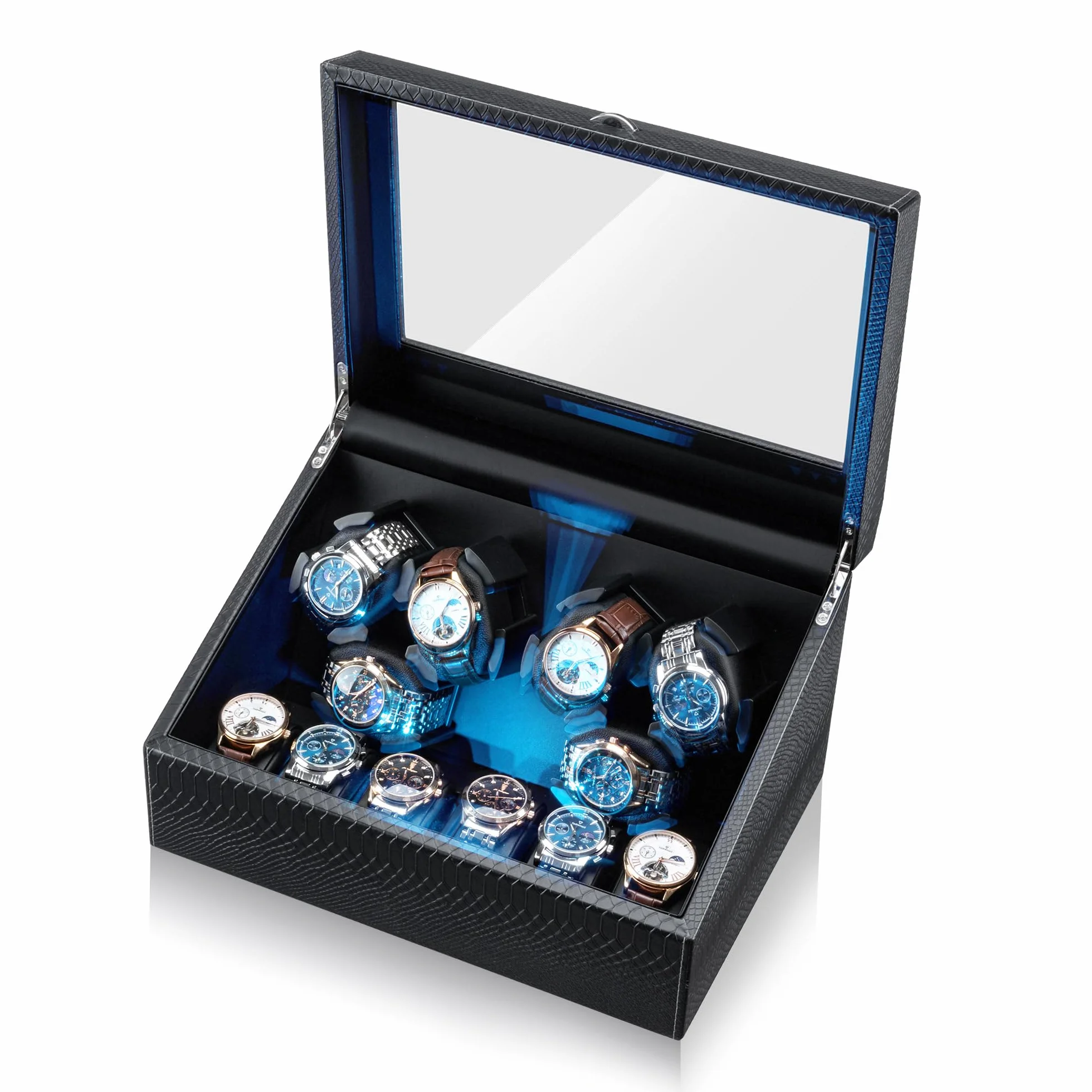 Mcbazel Automatische Uhrenbeweger 6 Uhren + 6 Gitter Aufbewahrung mit LED-Licht, Watch Winder Uhrenwinder Leiser Motor 4 Rotationsmodi, USB DC betrieben, Unabhängige Steuerung für Drehteller