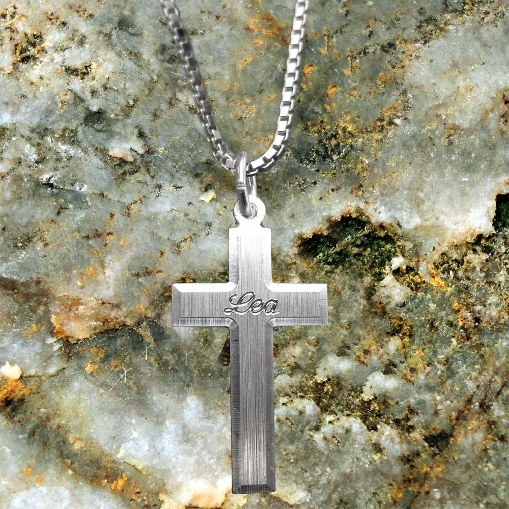 Silber Anhänger Kreuz 925 Sterling Silber mit SOFORTGRAVUR + VORSCHAU: Gravur eines Vornamens inklusive + Silber Trägerkette 42 cm